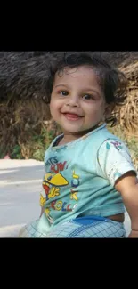 Smiling baby sitting outdoors in natural light, wearing a colorful shirt.