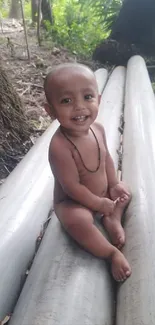 Smiling baby sitting on pipes surrounded by nature in a forest setting.