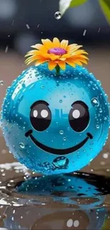 Blue balloon with a smile and yellow flower in raindrops background.