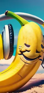 Smiling banana wearing headphones on a sunny beach wallpaper.