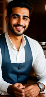 Smiling barista in a cozy cafe with warm lighting and inviting atmosphere.