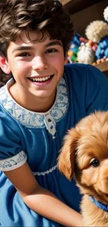 Boy in blue dress with fluffy puppy, both smiling.