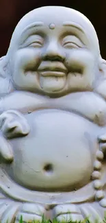 Smiling Buddha statue on grass background.