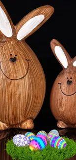 Two wooden Easter bunnies with colorful eggs on grass.