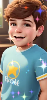 Smiling cartoon boy with brown hair in blue shirt.