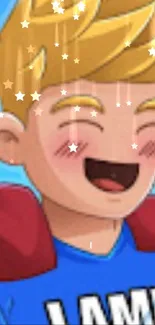 Cartoon boy smiling with stars and blue background.