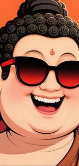 Cartoon Buddha wearing sunglasses, smiling joyfully.