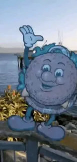 Cartoon character by the sea with a bright, cheerful expression.