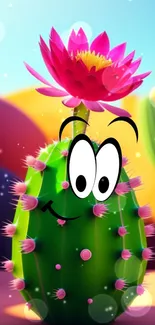 Playful cartoon cactus with flower in desert.