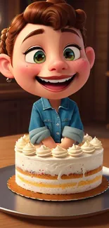 Cartoon character smiling from inside a cake in a cozy kitchen setting.