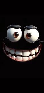 A vivid cartoon face with a wide smile on a dark background.