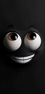 Smiling cartoon face with big eyes on black background.