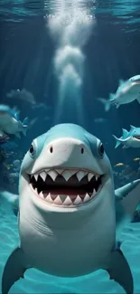 Playful cartoon sharks swimming underwater with a happy expression.