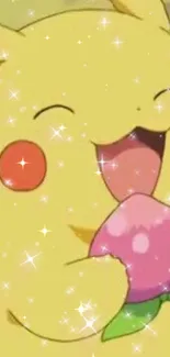 Cheerful cartoon character with sparkles holding a pink object.