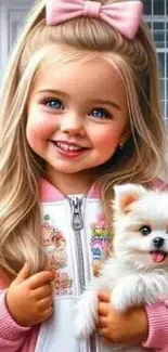 Smiling child with puppy on pink-themed wallpaper.