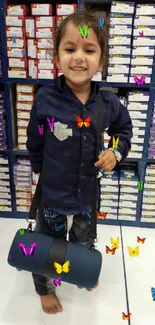 Child smiling in a store with colorful boxes in the background.