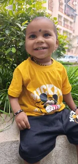 Smiling child in a Mickey Mouse shirt outdoors.