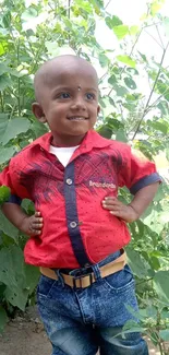 Smiling child standing in nature with green leafy background.