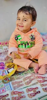 Smiling baby in peach outfit with festive items around.