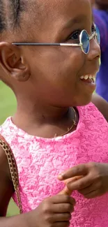 A smiling child wearing glasses and a pink dress.