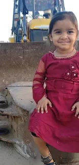 Smiling child in red dress outdoors.