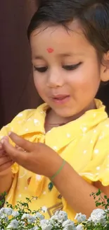 Adorable child in yellow dress with flowers.