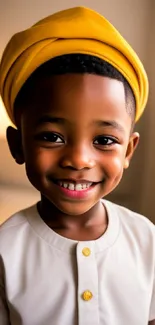 Smiling child wearing a yellow turban, radiating warmth and happiness.