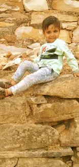 Child smiling on rustic stone wall with earthy tones.