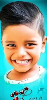 Child with stylish hair and a big smile on a turquoise background.