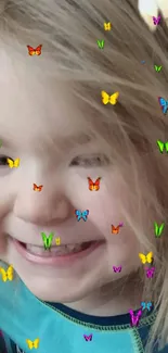 Smiling child with butterflies on face, colorful and playful.