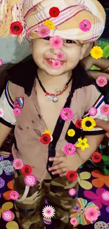 Smiling child with a colorful turban on a floral mat.