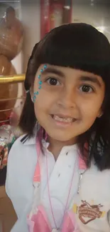 Smiling child with beads and vibrant decor.