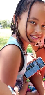 Smiling child holding smartphone outdoors, bright and colorful.