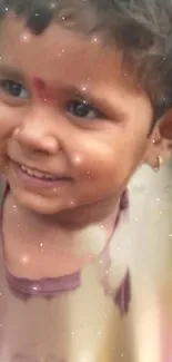 Smiling child with sparkles and beige tones.