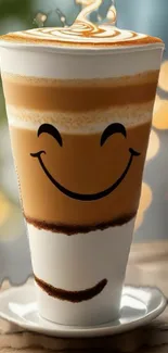 Smiling coffee cup with latte art on mobile wallpaper.