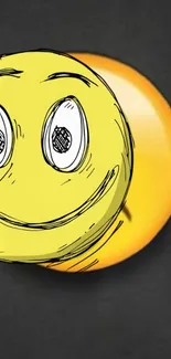 Cartoonish smiley face with expressive features on a yellow background.