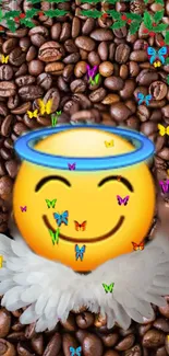 Smiling emoji with halo over coffee beans and butterflies.