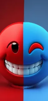 Red and blue smiling emoji with split design on mobile wallpaper.