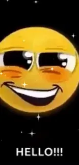 Smiling emoji with stars on black background saying hello.