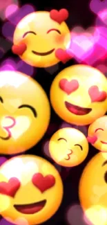 Cute emoji heart wallpaper with smiley faces on black background.