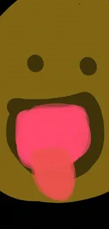 Brown smiling emoji with pink tongue on black background wallpaper.