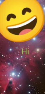 Smiling emoji with starry space background.