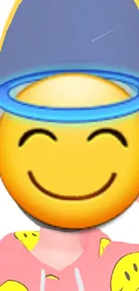 Smiling emoji with halo and cartoon figure in a vibrant design.