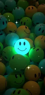 A glowing teal smiley balloon among colorful balloons.
