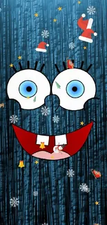 Cartoon face with blue textured background, smiling.