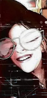 Smiling face with oversized glasses in digital art style.