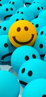 Yellow smiley face surrounded by blue sad faces on wallpaper.