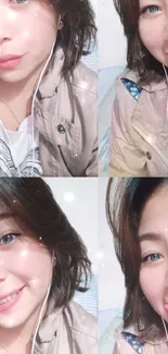 Four images of a smiling girl in a collage, wearing headphones and a casual jacket.