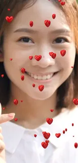 Smiling girl with floating red hearts wallpaper.