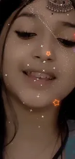 Smiling girl with colorful stars and glittery effects.